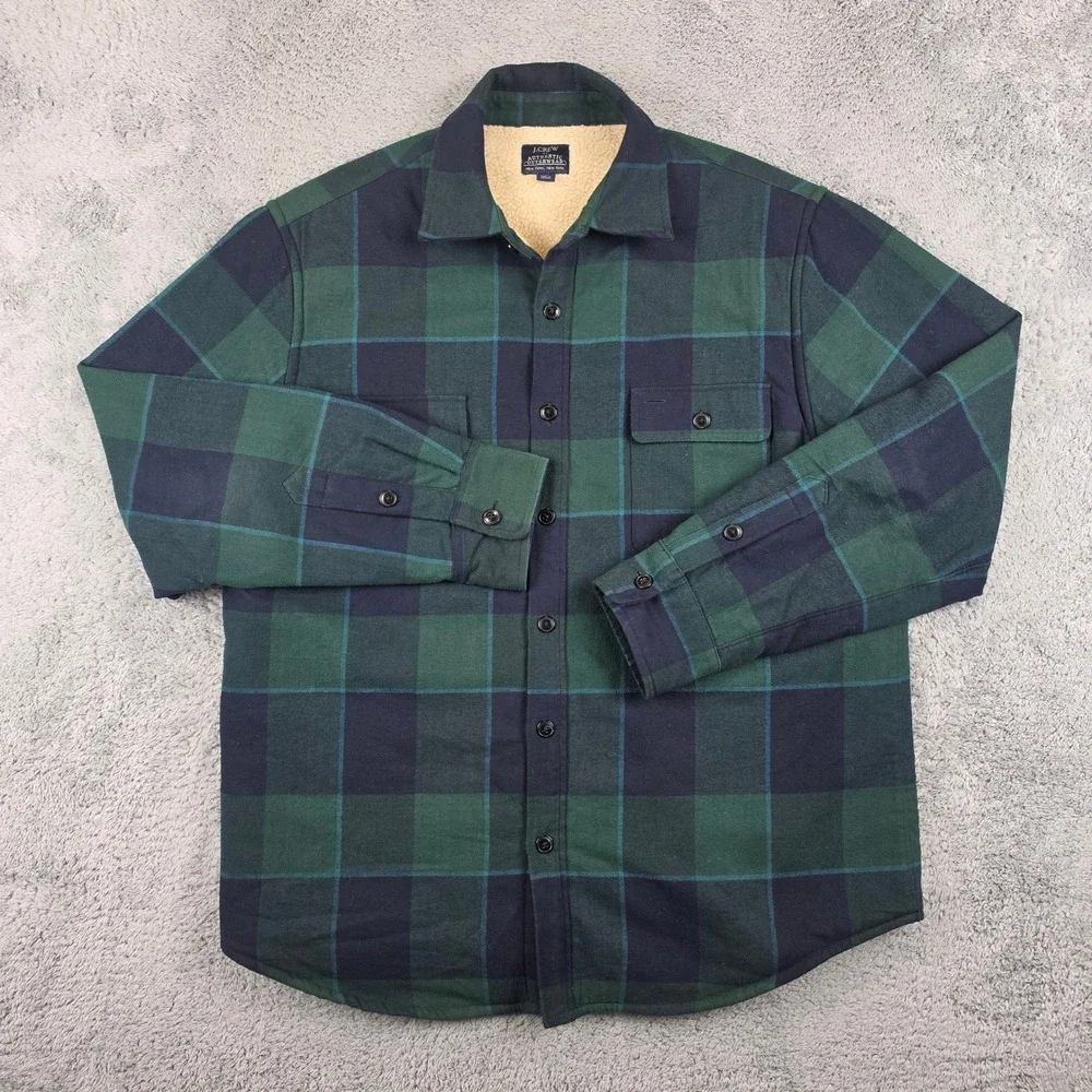 J Crew Shirt Sherpa Jacket Mens Large Green Blue Plaid Lined Flannel Shacket